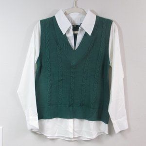 Sioni Milano Layered Look Sweater Green Cable Knit V-Neck & White Blouse